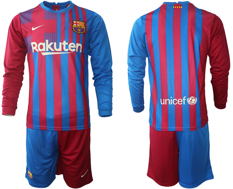 Men 2021-2022 Club Barcelona home red blue Long Sleeve blank Nike Soccer Jersey